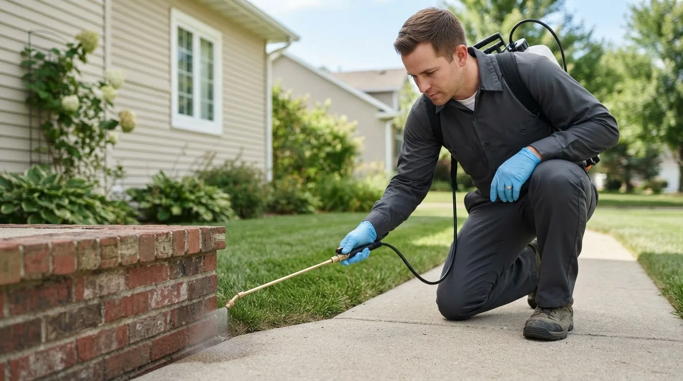 Pest control technician treating a home near Forestdale, RI