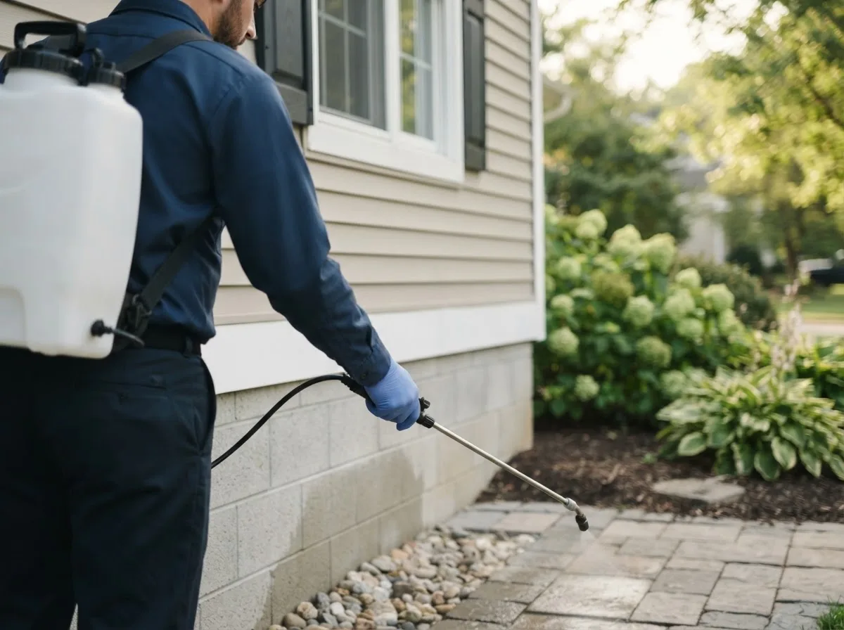 Pest control technician inspecting a home in Forestdale, RI
